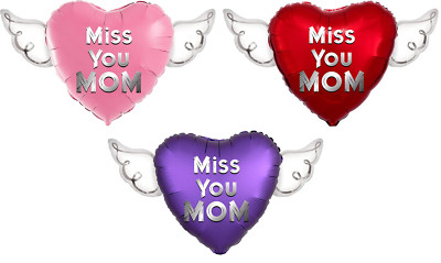 Miss You Mom Heavenly Balloons heart shaped with angel wings - 2 Balloons