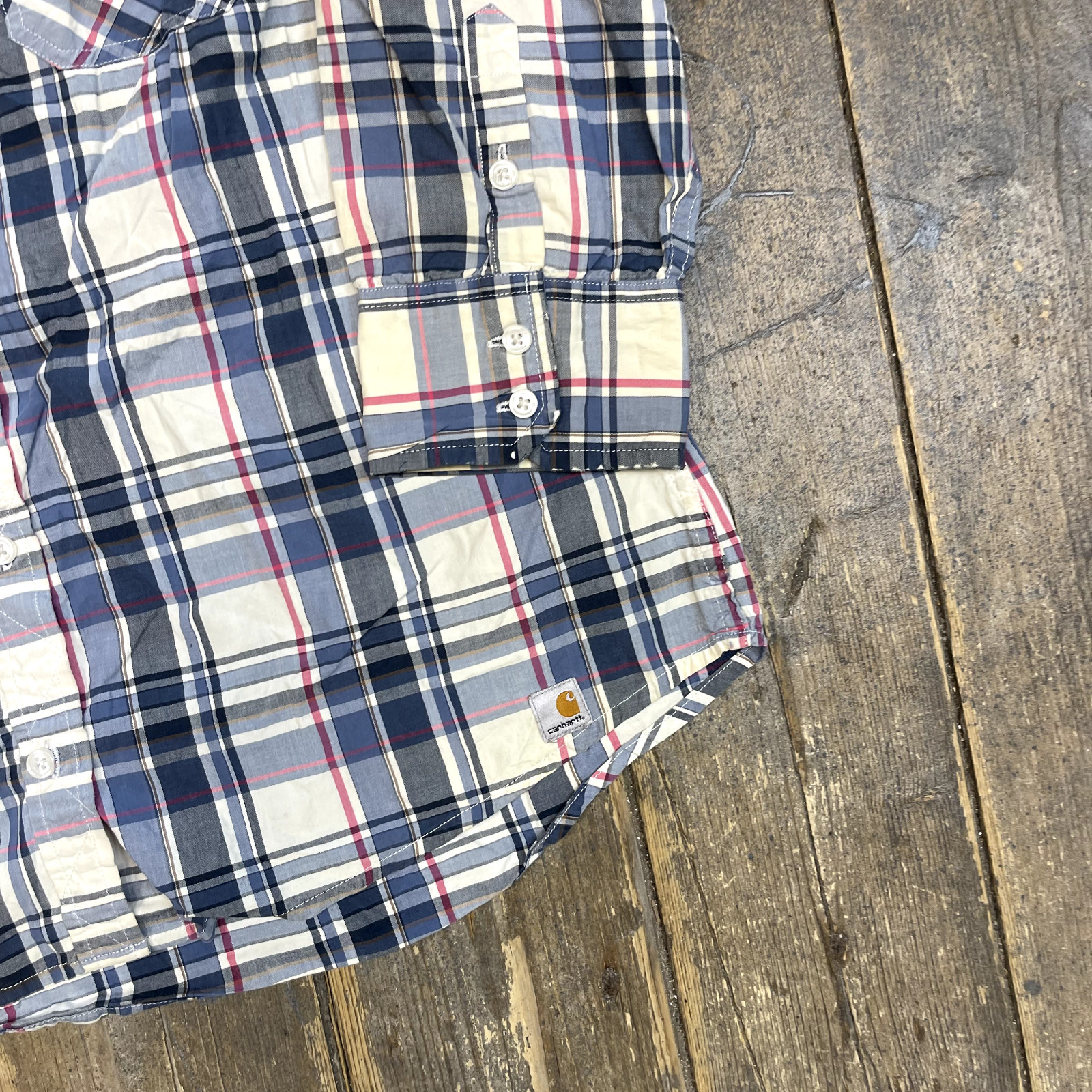 Carhartt Shirt Checkered Button Up Collared Workwear Top, Blue, Womens Medium image 5