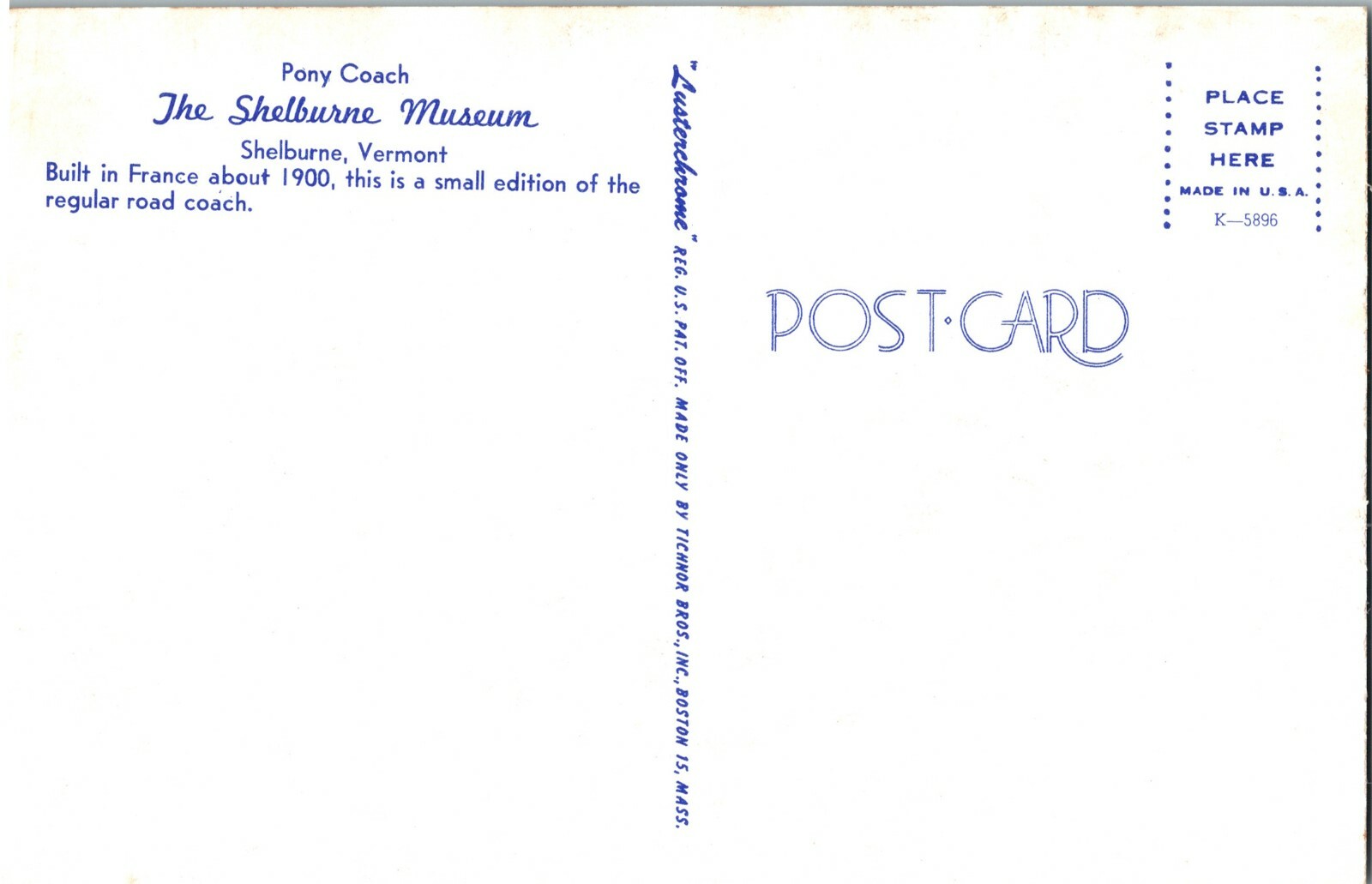 Vintage 1960s Pony Road Coach Shelburne Museum PFaPack Gladstone Postcard VT thumbnail 3