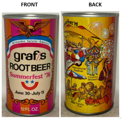 1976 Milwaukee Summerfest Graf's Root Beer soda can, bottom opened