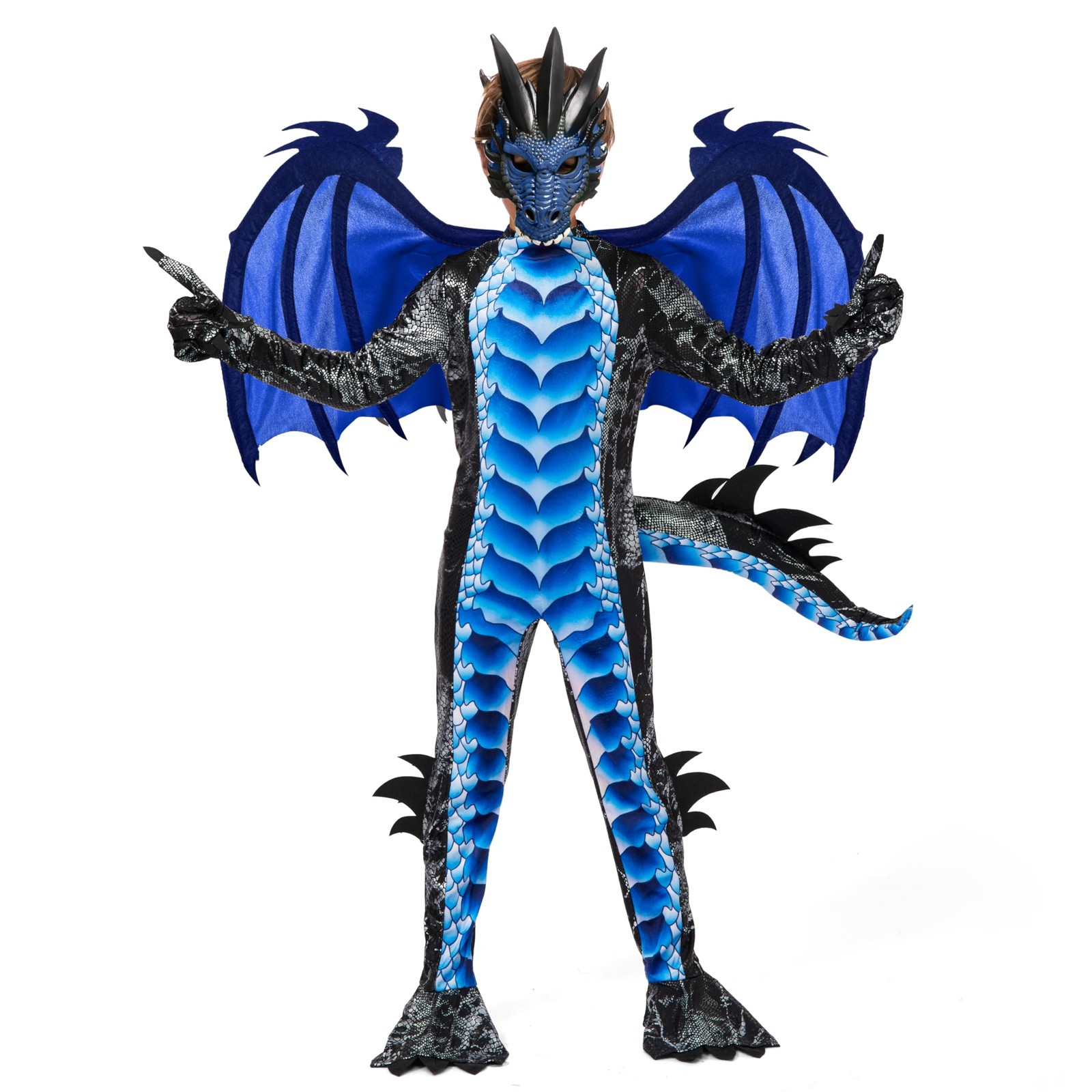 Déguisement dragon noir avec écailles bleues Halloween garçon taille M