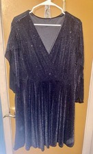 Plus Size Shimmer Dress XL Black Party Cocktail A-Line Flutter Sleeve Midi