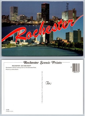 Rochester NY Skyline Genesee River Day Night Vintage Postcard Edwards Press