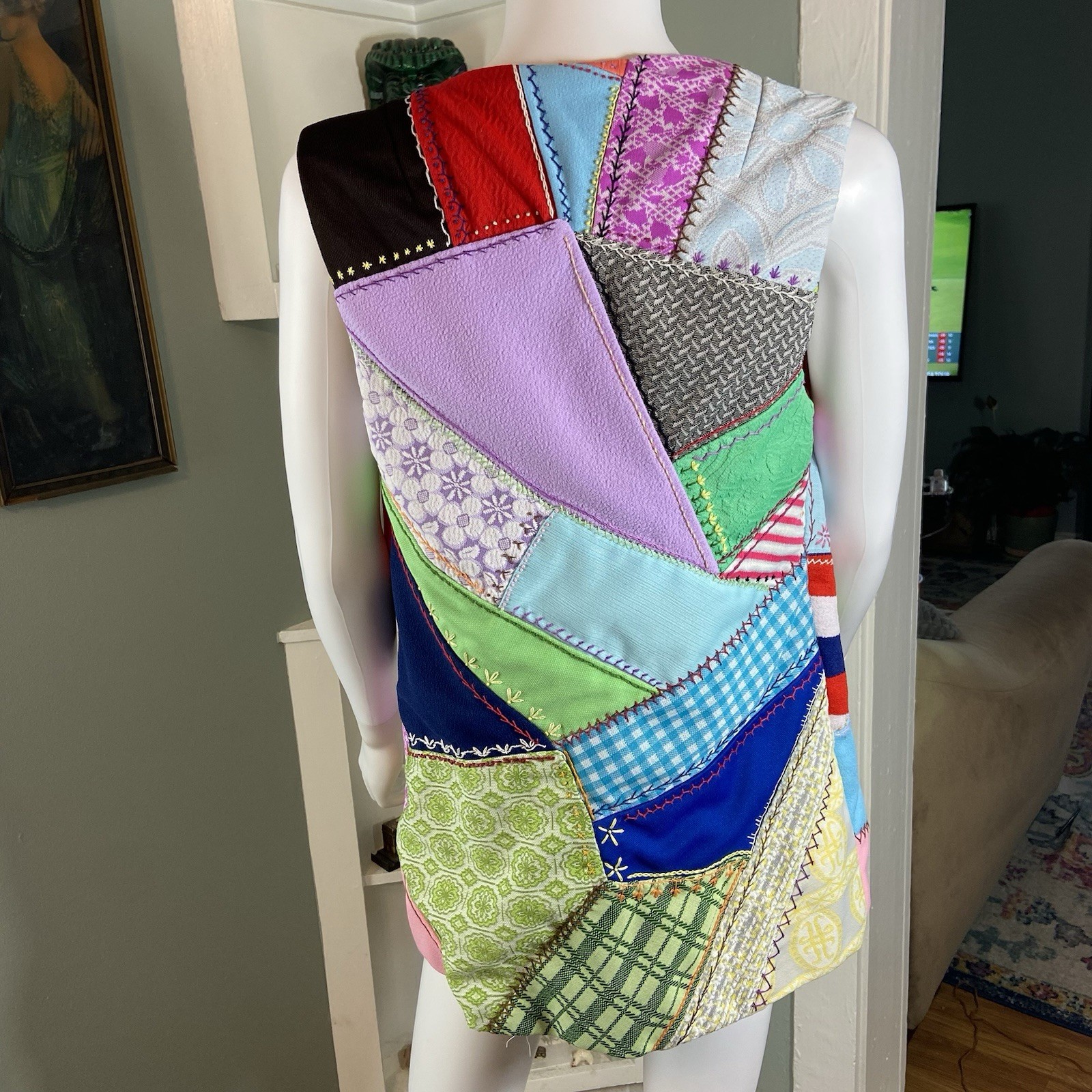 Vintage 60s 70s Polyester Patchwork Crazy Quilt V… - image 5