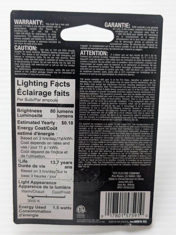 Feit Electric 20W Equivalent LED Bulb | Intermediate E17 Base | Bright White 300 - Image 2 of 2