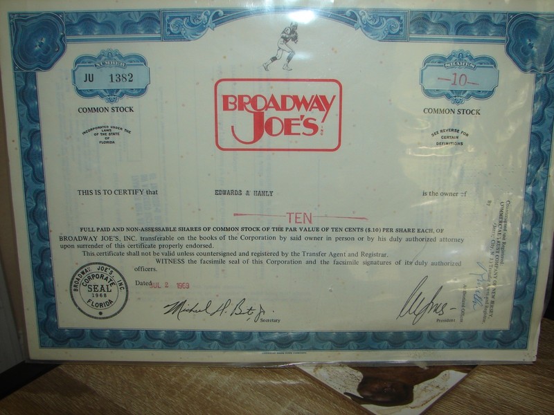 Broadway Joe's, Inc. Common Stock Certificate 10 Shares Stock 1969