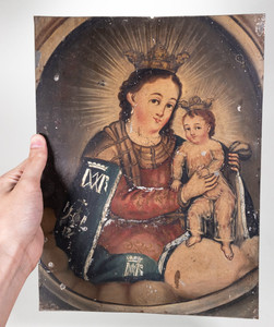 Antique Mexican Retablo, c.1890, Oil on Tin - Nuestra Señora del Refugio