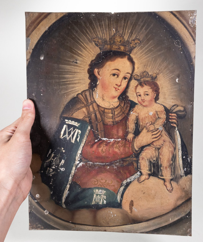 Antique Mexican Retablo, c.1890, Oil on Tin - Nuestra Señora del Refugio