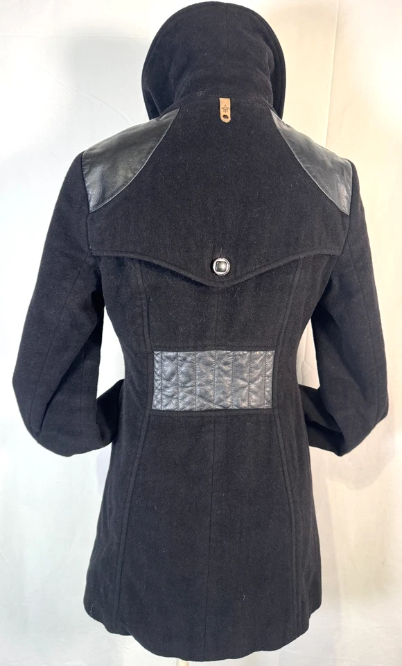 Vintage 90s Mackage Black Wool Blend Leather Trim Button Down Coat Jacket Sz S - Image 2 of 4