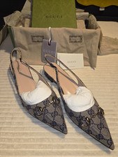 Gucci GG Canvas Horsebit Slingback Pointed Toe Flats Blue Sz 40