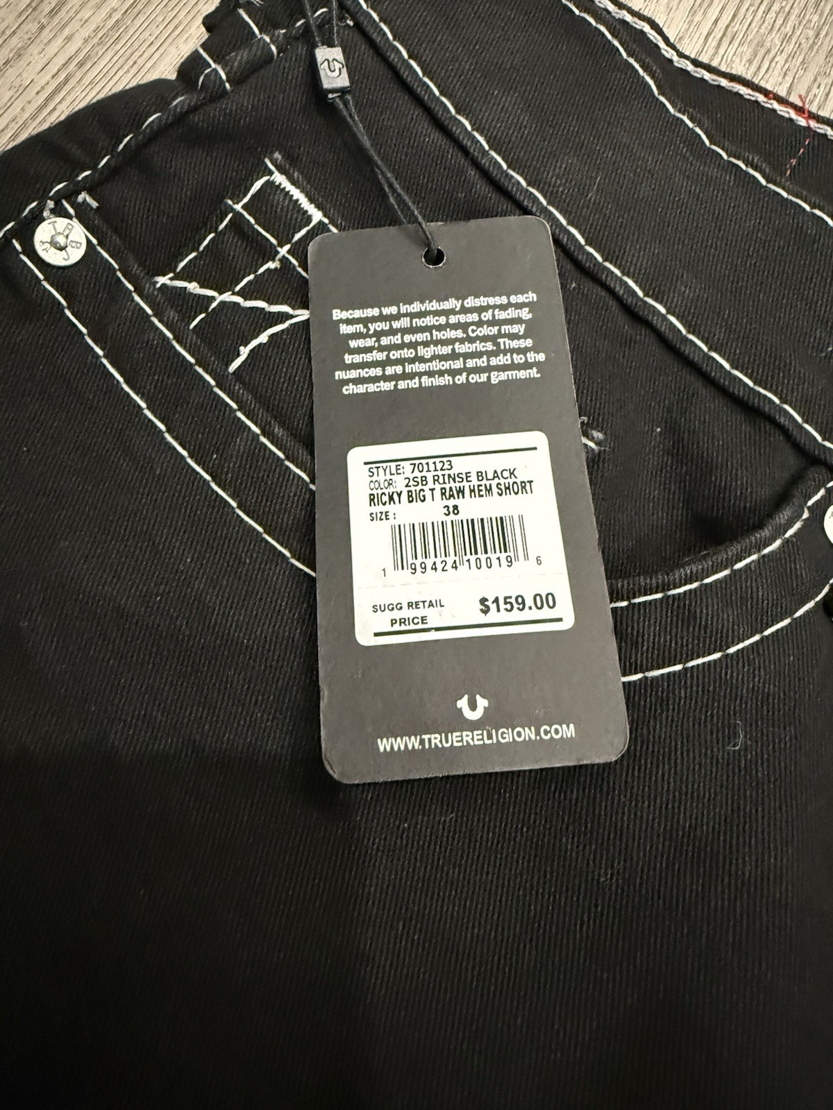 True Religion Big T Raw Hem Black Denim Men's Shorts Contrast Stitching Jeans thumbnail 5