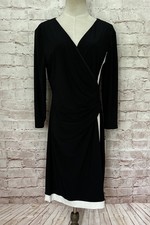 Chaps Womens L Black Ivory Faux Wrap Dress Color Block 3/4 Sleeve Ruched NEW