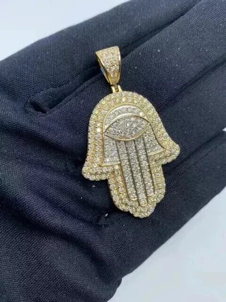 Alternate view of 2ct Real Moissanite Men's Hamsa Hand Pendant 14k Yellow Gold Plated Silver