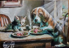 Jacob Landis HANDMADE Painting art Card ACEO Kitten & Beagle Pup "Dinner For Two