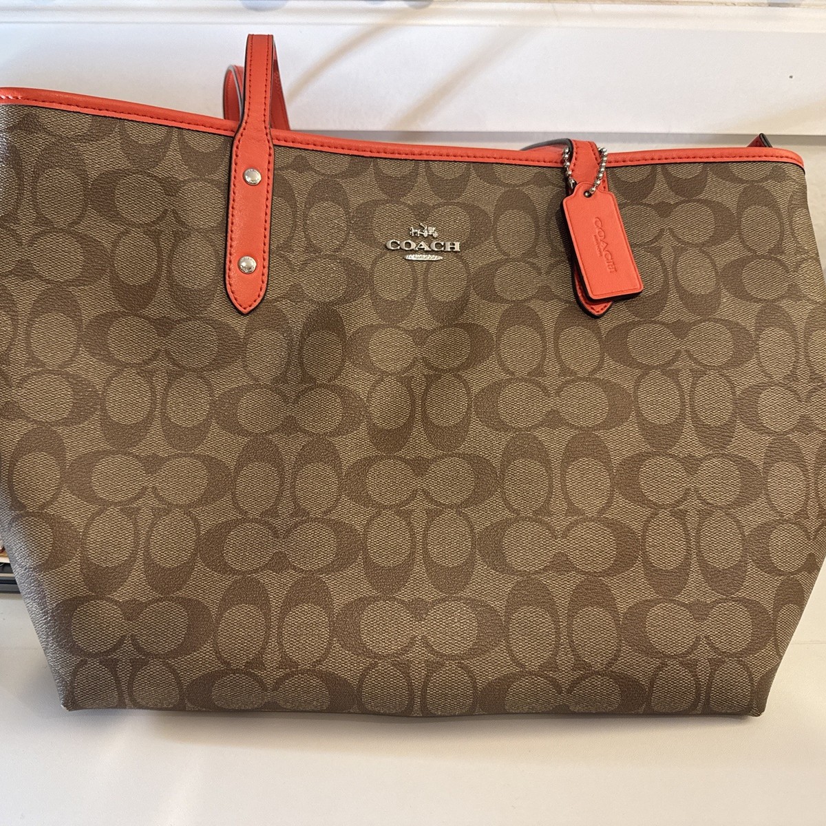 COACH Signature Logo Zip Tote Khaki Tan Canvas Orange Leather