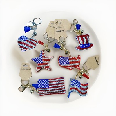 USA flag Patriotic Rhinestone Keychain Purse Charm Bag Charm -6 Styles 4thJuly