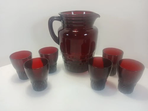 Vintage Anchor Hocking Royal Ruby 2 qt Pitcher with 6 Ruby Tumblers