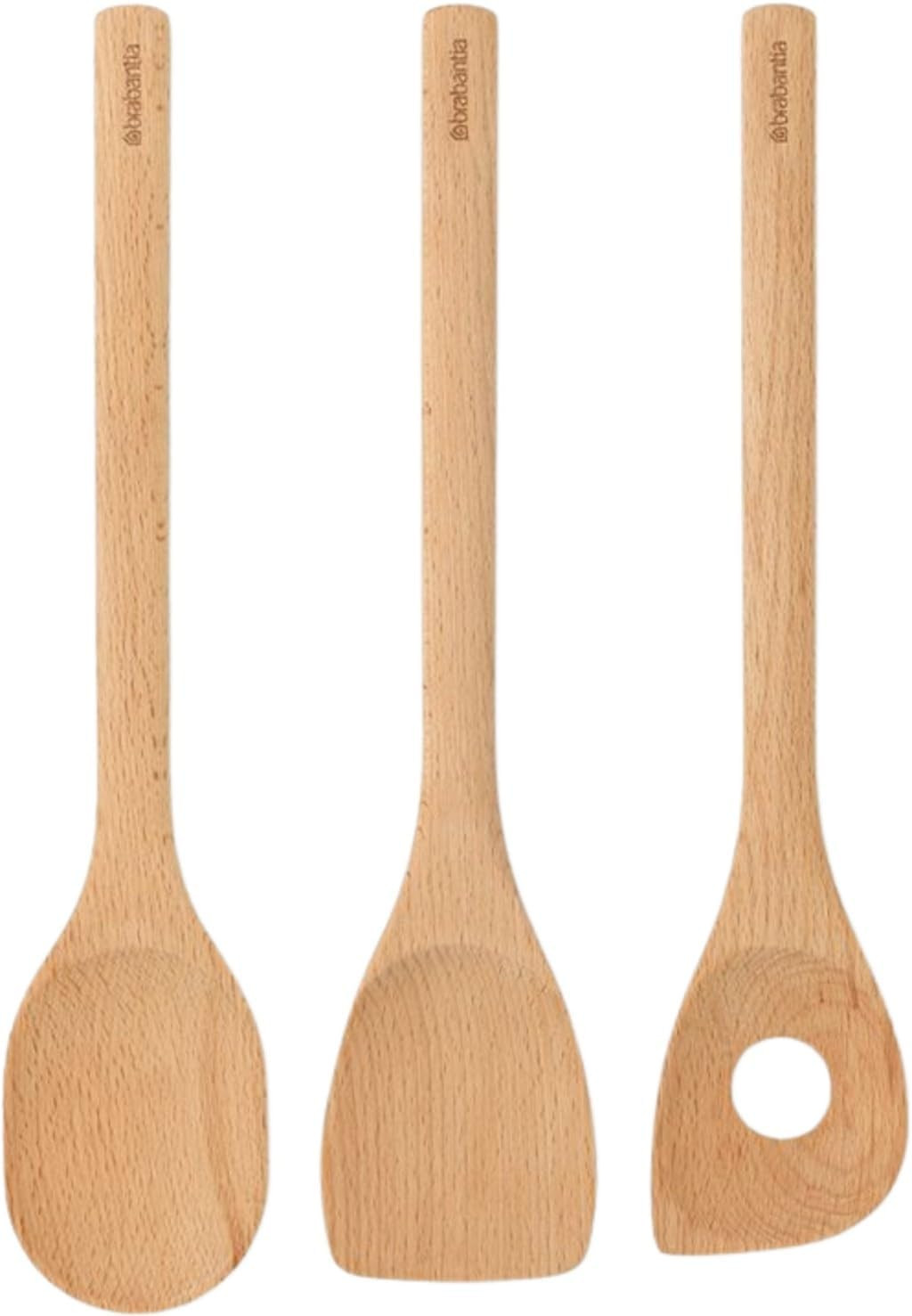 Brabantia 3 Piece Wooden Kitchen Utensil Set (Beech Wood) Spoon, Spatula & Corne
