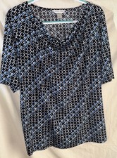 Christopher Banks XL Cowl Neck Geometric Print Top Blue Black Stretch