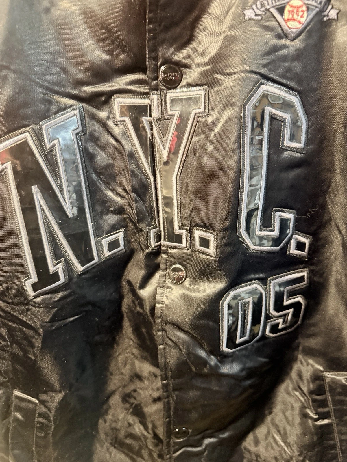 FUBU Athletics Men’s Black Satin Snap Bomber Jacket Quilted Lined NYC 05 Medium  image 3