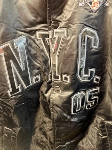 FUBU Athletics Men’s Black Satin Snap Bomber Jacket Quilted Lined NYC 05 Medium  image 3