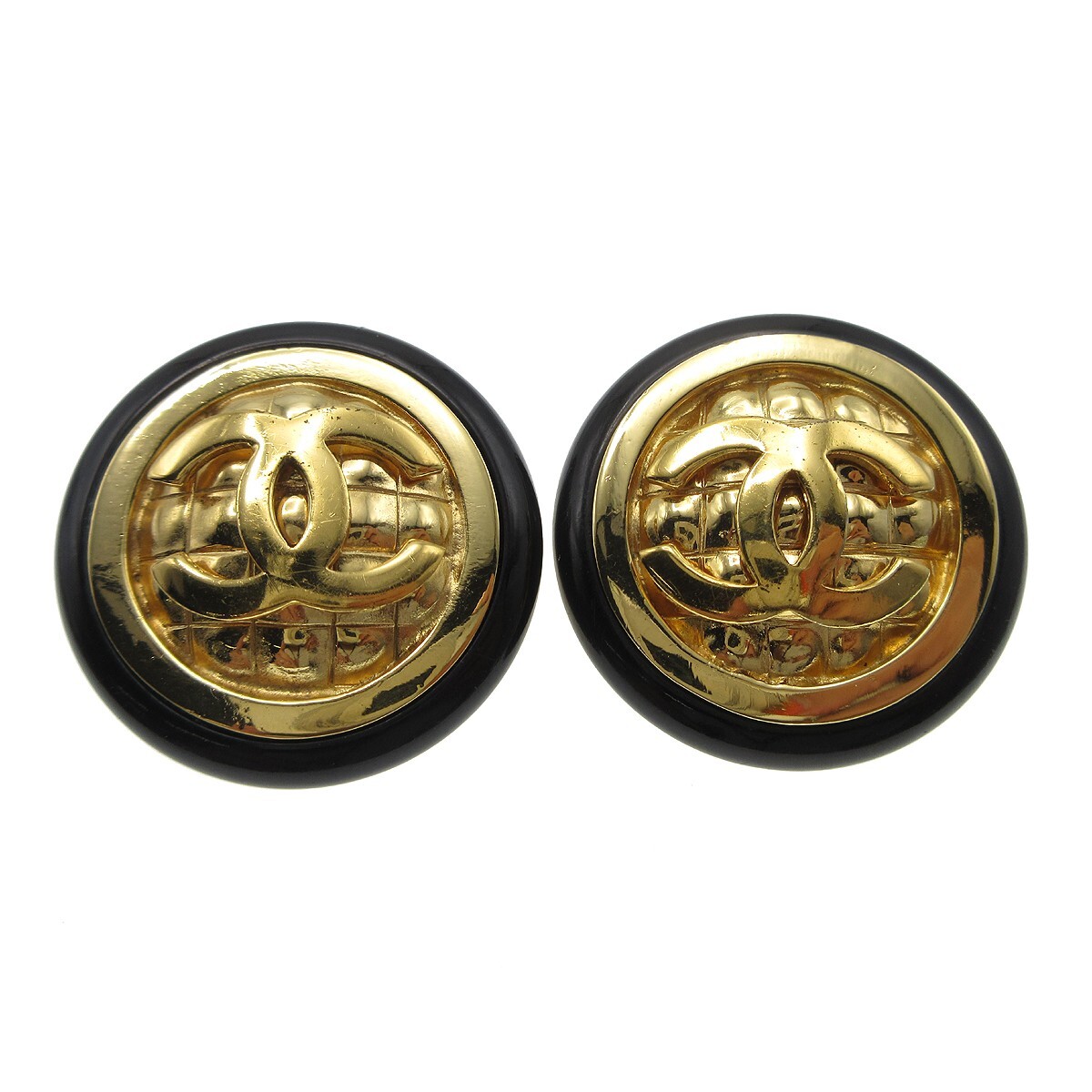 Chanel Quilted Button Earrings Clip-On Gold Black 97339 | eBay