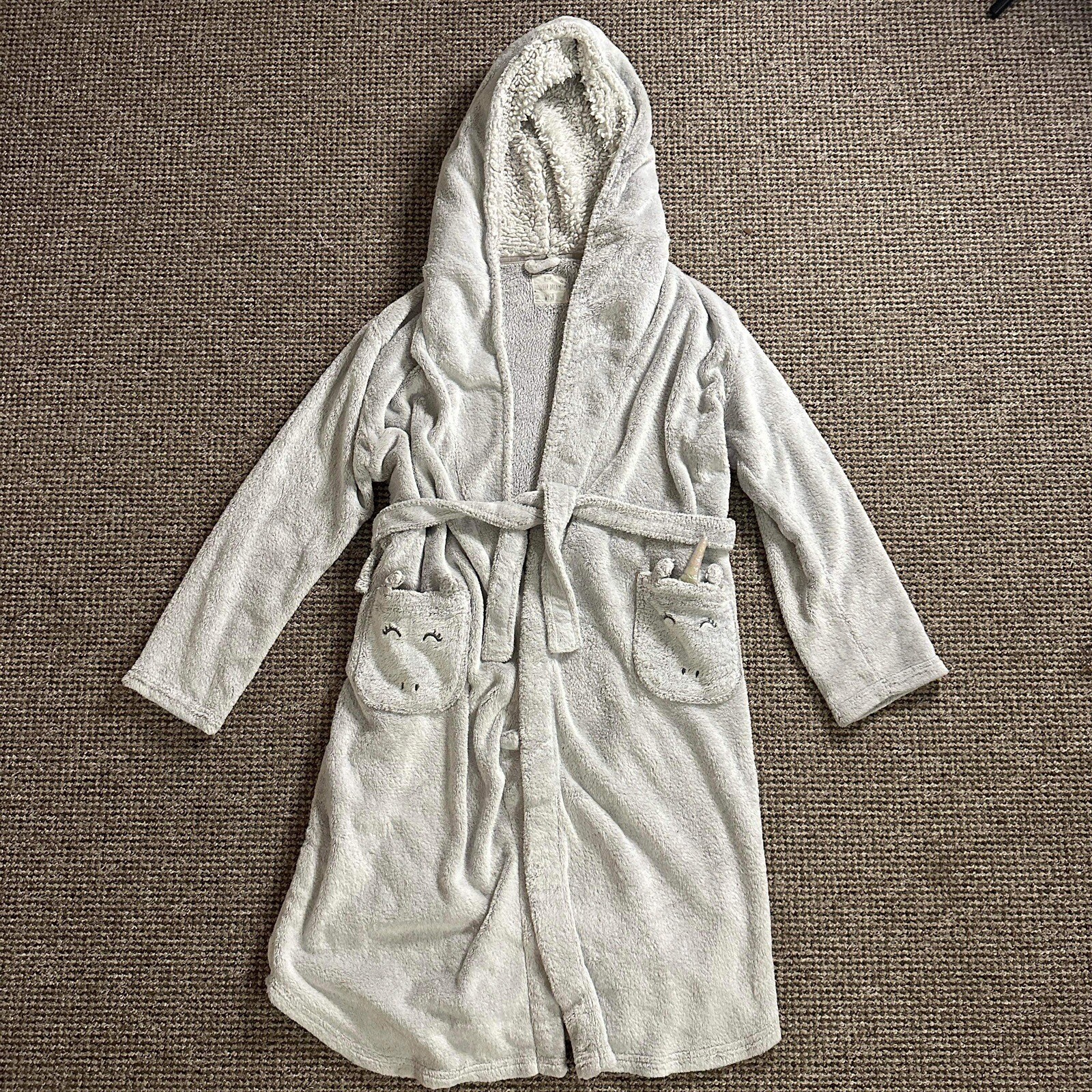 Grey Unicorn Dressing Gown Size XS Warm Fluffy Robe Light White Tie Up