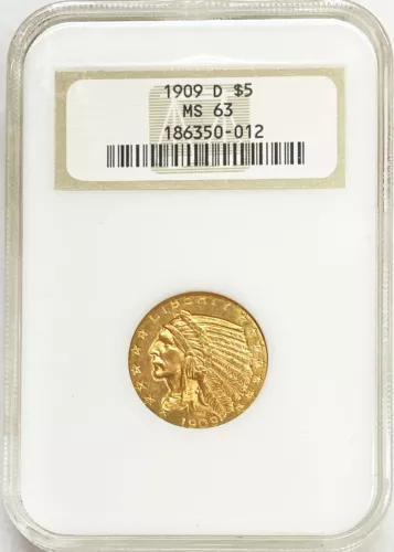 1909 D GOLD US $5 DOLLAR INDIAN HEAD HALF EAGLE COIN NGC MINT STATE 63