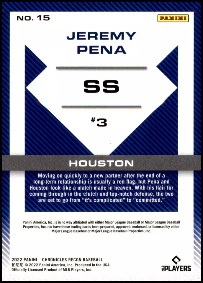 Jeremy Pena 2022 Panini Chronicles Recon Card #15  /99 - Image 2 of 2