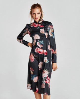 関税なし 送料無料 Dress Zara Women AW17 Printed Midi Dress With Mandarin Collar Size