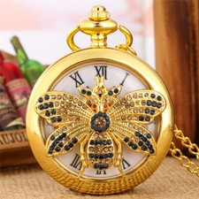 Luxury Gold/Bronze Hollow Out Bee Cover Men Women Quartz Pocket Watch Chain Gift