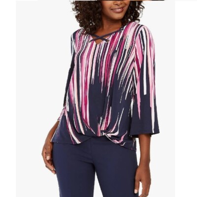 JM Collection Womens M Sunset Skies Lace Up Neck Blouse Top NWT CW22