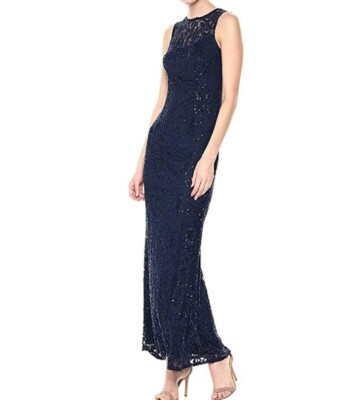 NEW MARINA Sequin Lace Gown Dress Sz 6 Navy Blue Sleeveless Sheath Keyhole  Back | eBay