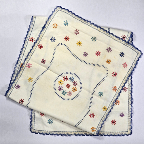 Vintage Hand Embroidered Table Runner Floral Design Crochet Edges Cottage Core