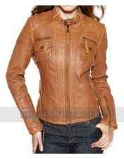 Ladies Women Leather Jacket Brown Tan Slim Fit Biker Motorcycle