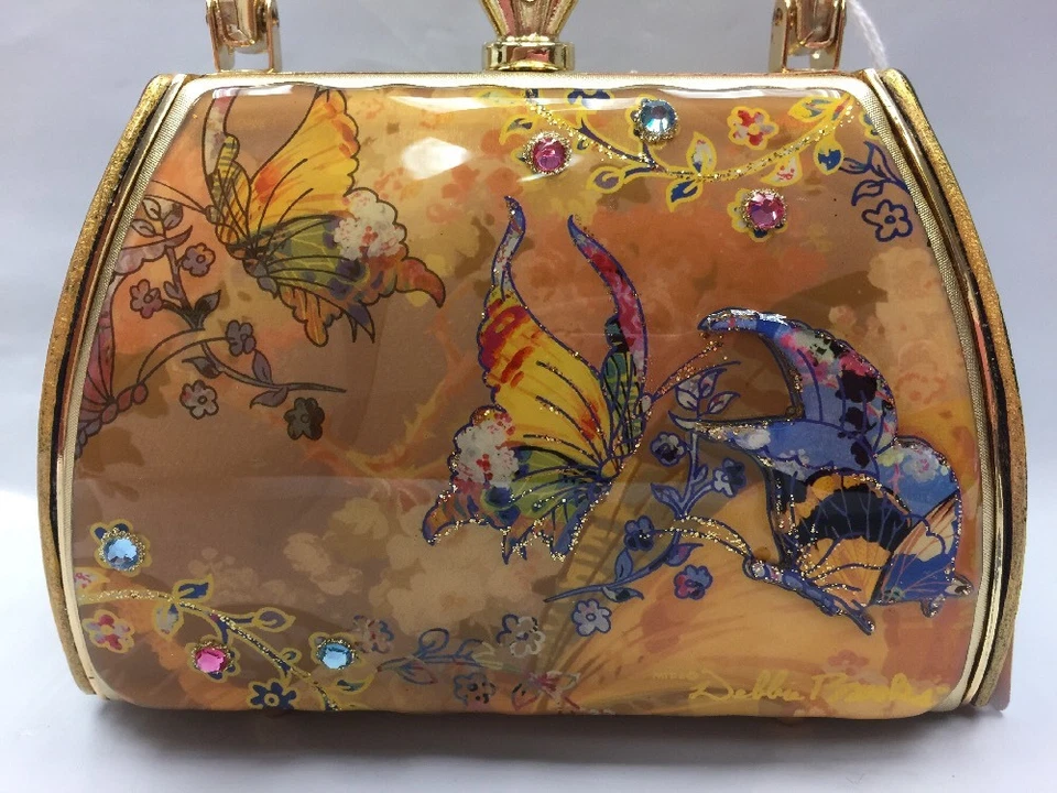 Bolso de Mano Debbie Brooks Dorado Satinado Brillante Bolso de Noche Nuevo MARIPOSA AMARILLA Acavado Foto 2 de 4