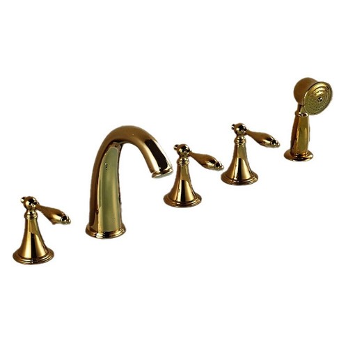 Polished Gold Brass Deck Mount 5 Holes Bath Tub Faucet with Handshower ftf058 - Picture 9 of 10