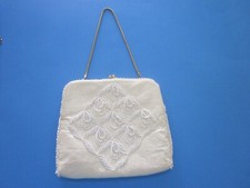 VTG WALBORG White Leather Evening Bag Purse w/ Intricate Beading Chain Strap