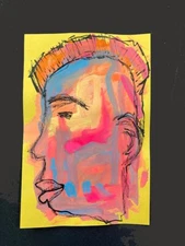 Man Portrait Painting Naive Outsider 4x6 Crew Cut Spiked Hair April Fool