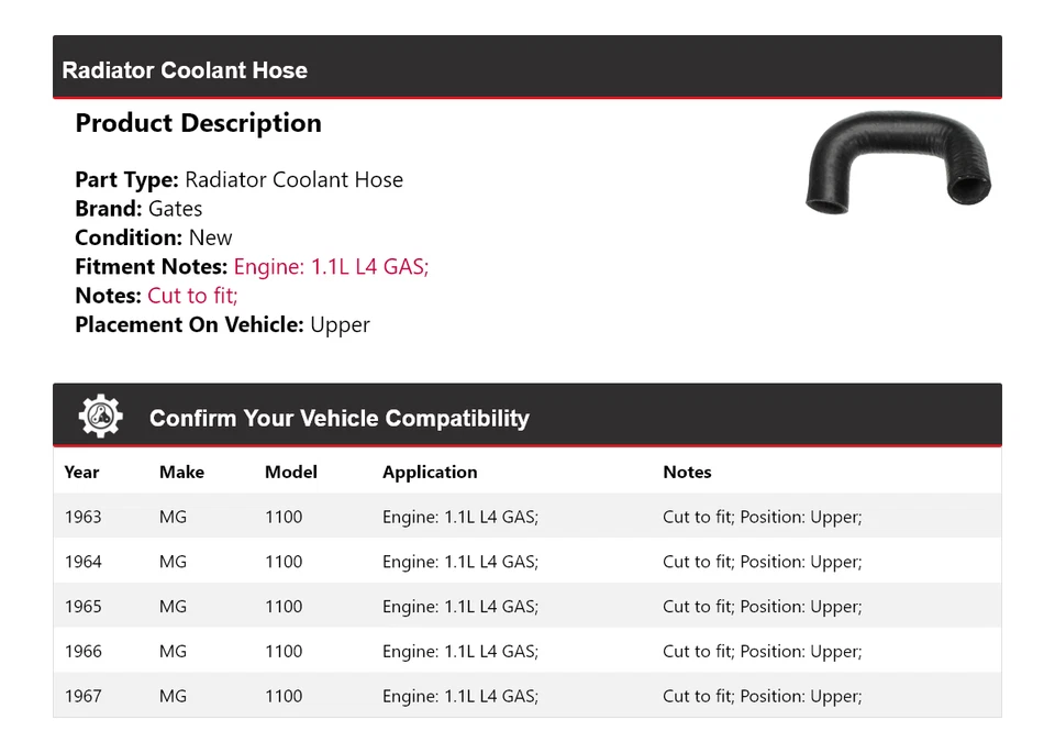 Для 1963-1967 MG 1100 1,1 л L4 газовый радиатор шланг охлаждающей жидкости верхние ворота 1964 1965 - Изображение 2 из 4