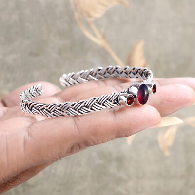 Natural Garnet And Garnet Gemstone 925 Sterling Silver Bangle Cuff For Her Gift
