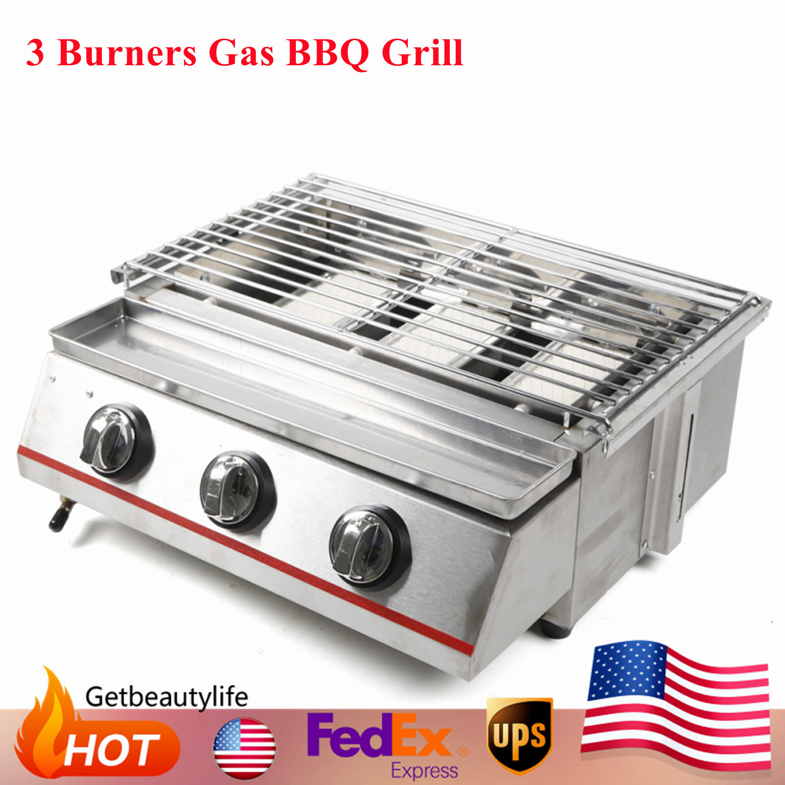 Commercial 3 Burners Grill Outdoor BBQ Infrared Cooker Gas LPG Grill Smokeless
