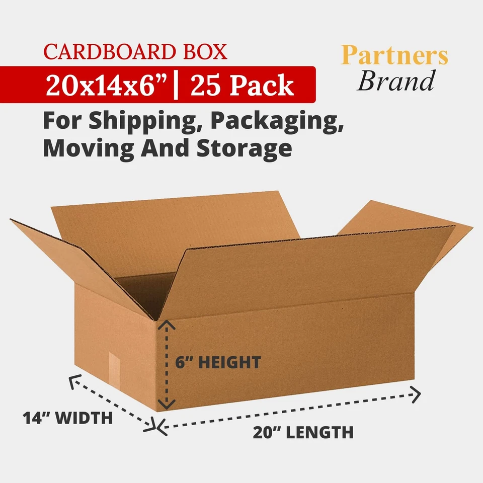 Partners Brand 20x14x6 Corrugated Cardboard Boxes, 20"L x 14"W x 6"H, Pack of... - Image 2 of 4