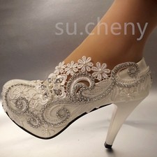 su.cheny 3"/4" white light ivory lace crystal Wedding Bridal heels pumps shoes