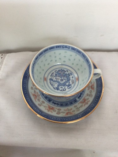 Vintage Chinese Tea Cup & Saucer Set Rice Blue White Linglong Dragon Multicolor - Picture 17 of 20