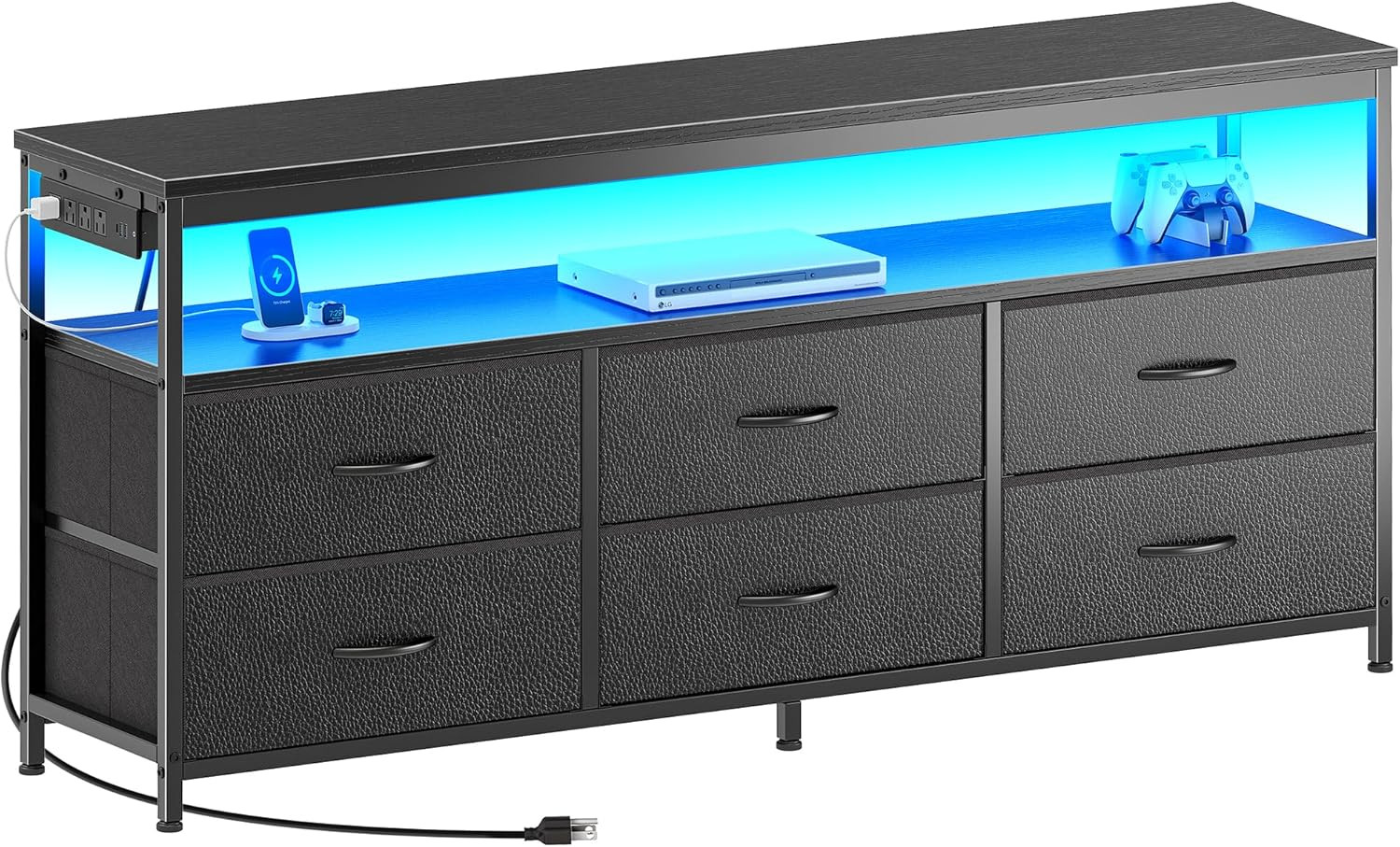 Stylish LED TV Stand with Power Outlets & 6 Drawers for 55" TVs, Black