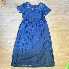 Vintage Blue Denim Embroidered Maxi Dress Sweetheart Neck Modest Long Sz L