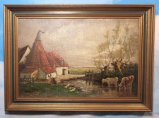Victorian Oil Painting on Canvas Farm Steading Landscape Cattle Farming 54x39