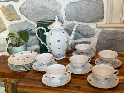 19 Oscar Schaller Winterling Rosebud Bavaria Germany Coffee Pot Tea Cups Plates