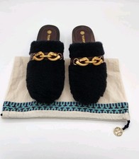 Tory Burch Black Jessa Shearling Wood Clogs Horse Head Hardware Size 5.5